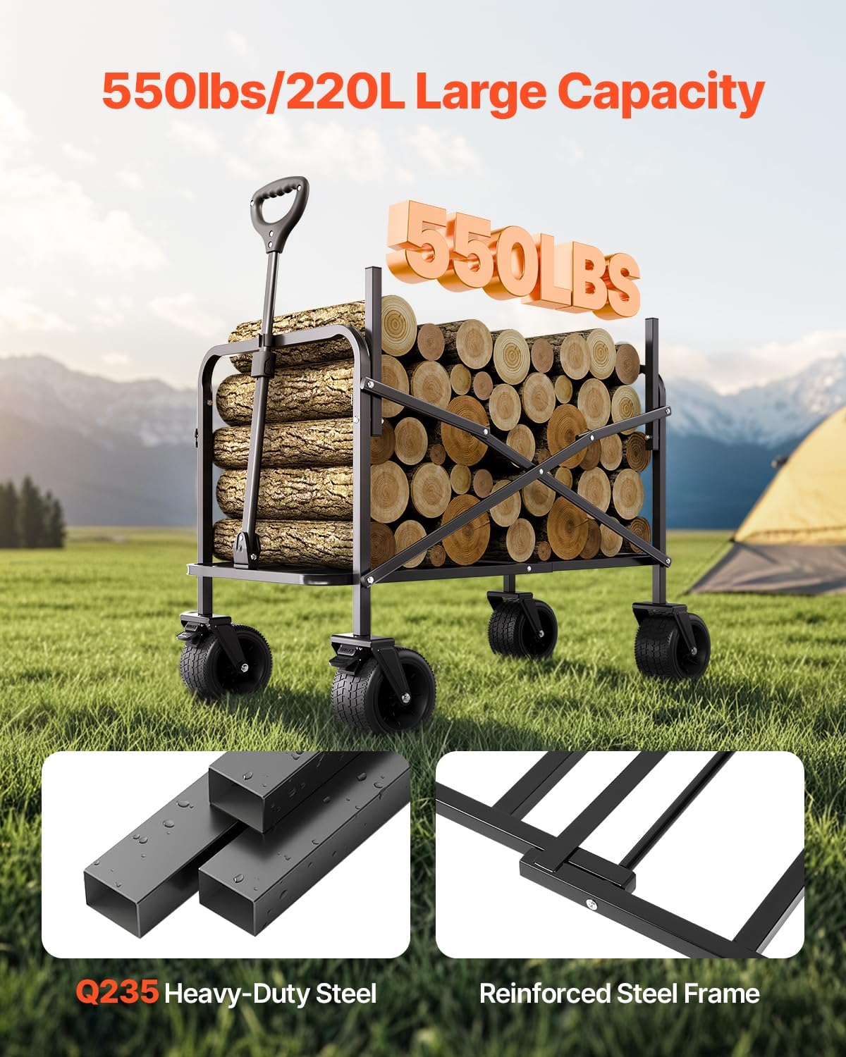 VEVOR 3-in-1 550lbs/220L Large Collapsible Folding Wagon, Convert to Bench, Foldable Beach Wagon