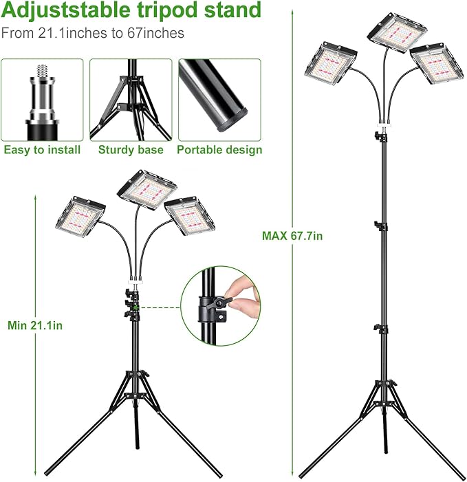 LBW Grow Light with Stand, Tri-Head LED Plant Light for Indoor Plants, Full Spectrum 150 LEDs
