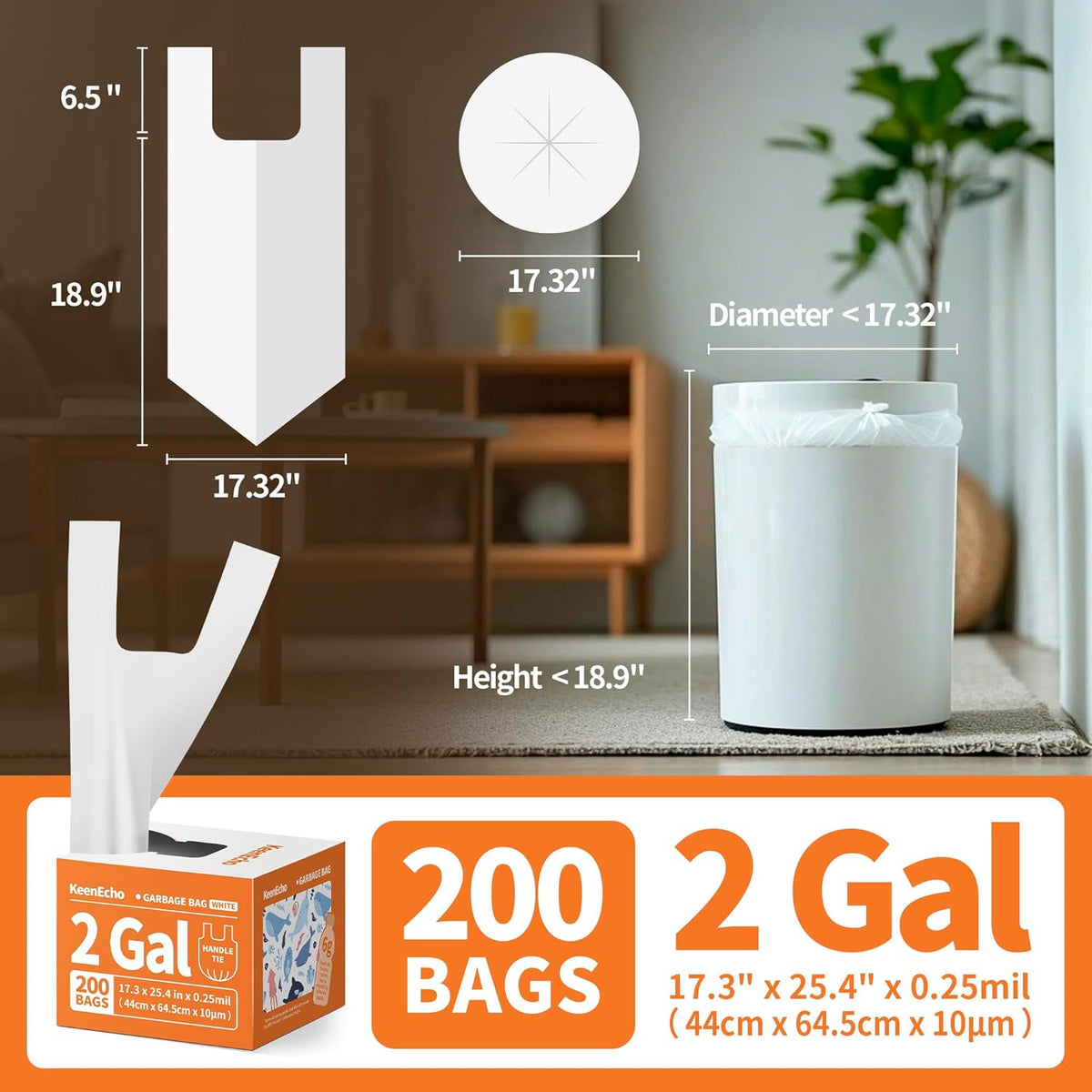 Small Trash Bags with Handles 2 Gallon 200 Count White - Ocean Plastic Upcycling - Plastic Garbage