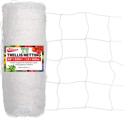 Plastic Trellis Netting 59" x 328 ft Heavy Duty Plant Support Netting White - 6 Inch Garden Trellis