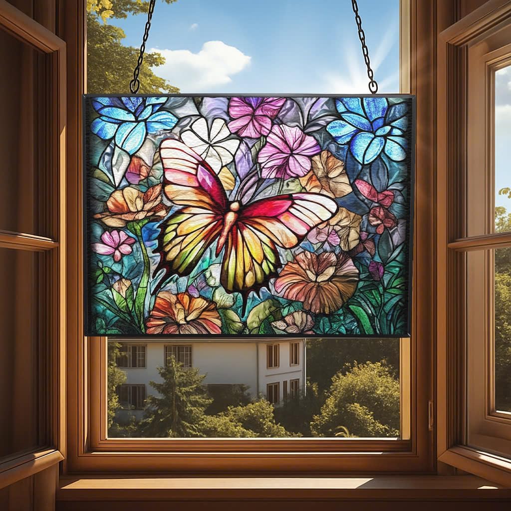 Rectangle Butterfly Suncatchers for Windows, Stained Glass Window Hangings,Hand-Painted Glass Panel