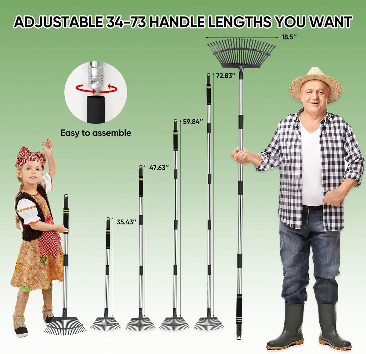 Rake Heavy Duty 6FT Long Garden Rake , 18.5 Inch Wide, 25 Metal Tines, Adjustable Stainless Steel