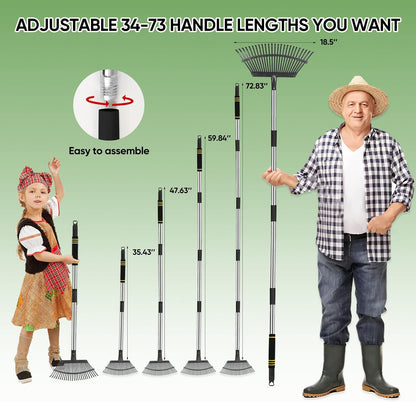 Rake Heavy Duty 6FT Long Garden Rake , 18.5 Inch Wide, 25 Metal Tines, Adjustable Stainless Steel
