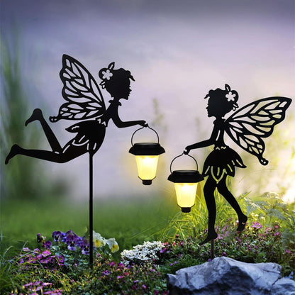 Solar Fairy Garden Stake Decorative Lantern, 2 Pack Metal Fairy Angel Garden Silhouette Lights for