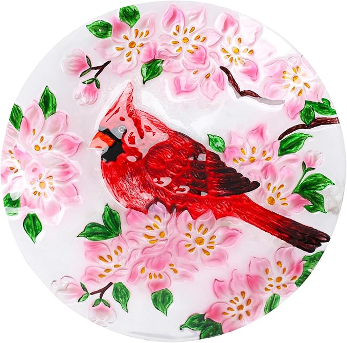 MUMTOP Outdoor Glass Birdbath with Metal Stand for Outside Lawn Yard Garden Cardinal