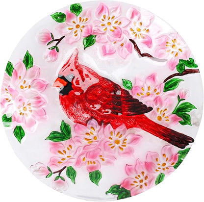 MUMTOP Outdoor Glass Birdbath with Metal Stand for Outside Lawn Yard Garden Cardinal