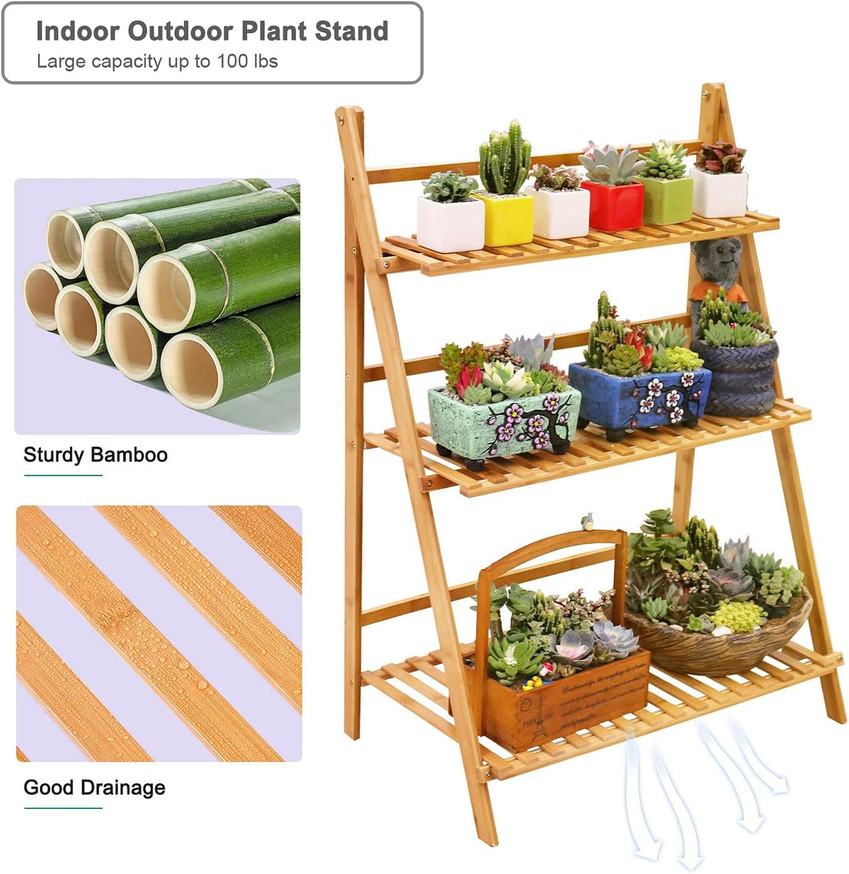 Ufine Bamboo Ladder Plant Stand 3 Tier Foldable Flower Pot Display Shelf Rack for Indoor Outdoor