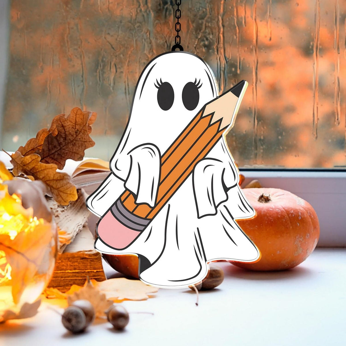 7.87Inch Cute Pencil Ghost Sun Catcher Acrylic Garden Halloween Suncatcher Decor Window Hanging for