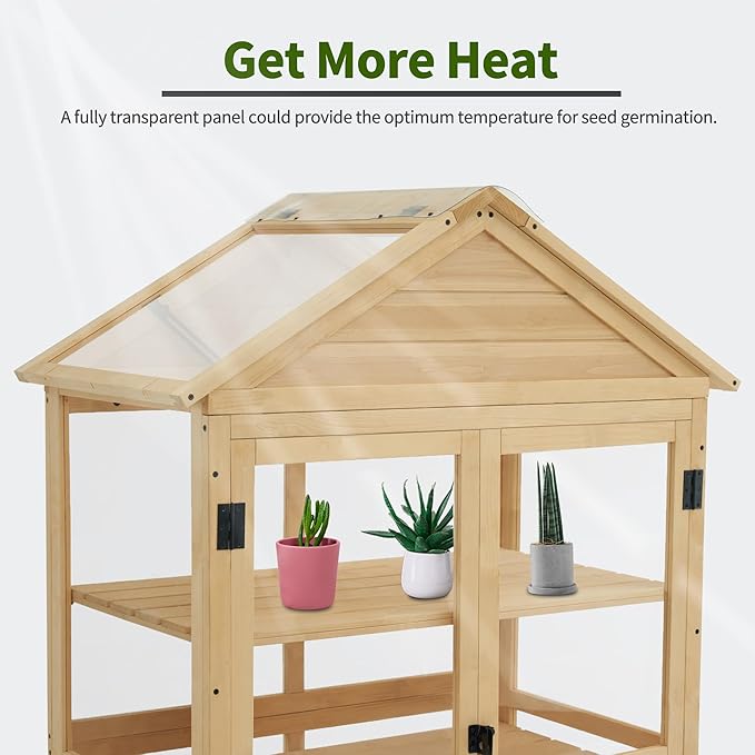 Macrout 3-Tier Solid Wood Cold Frame Greenhouse Cabinet Adjustable Shelves, Dual-Use Insulated Shed