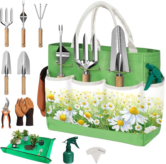 22Pcs Garden Tools Set for Women,Heavy Duty Hand Tool Kit with Large Tote Bag/Repotting