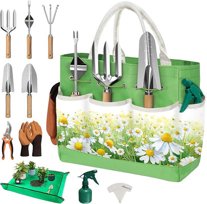 22Pcs Garden Tools Set for Women,Heavy Duty Hand Tool Kit with Large Tote Bag/Repotting