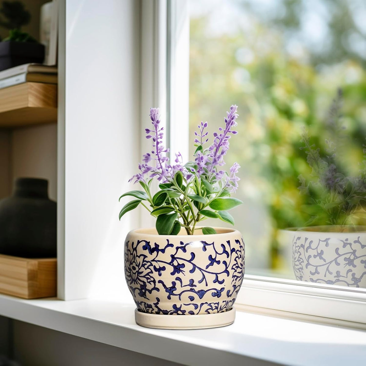SQOWL Ceramic Flower Pots - 6 Inch Plant Pot Indoor with Drainage Hole and Saucer, Porcelain