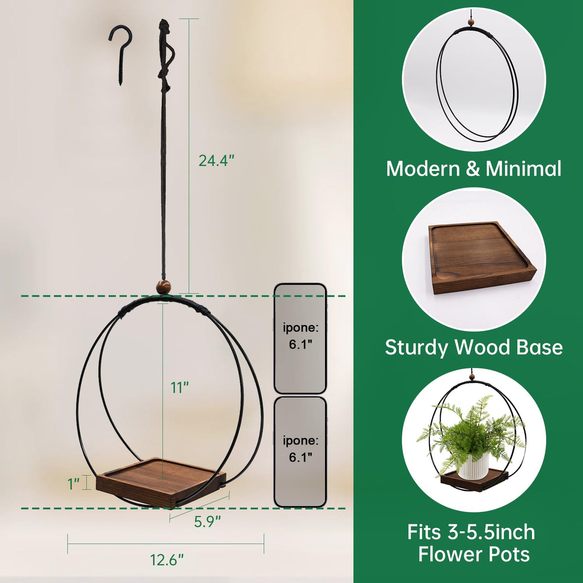 Hanging Planter for Indoor Plants, Black Plant Hanger Indoor with Sturdy Wood Base, Modern Boho