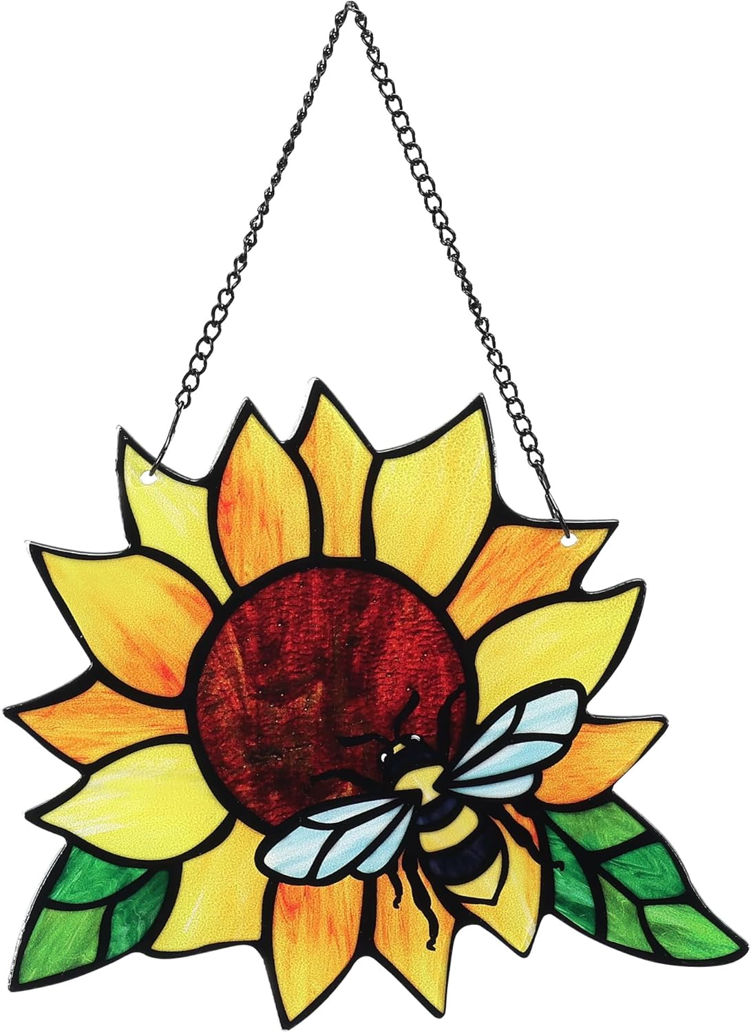 Stained Glass Suncatcher, Sunflower and Ladybug Window Hanging, Hand-Painted (Style 3)