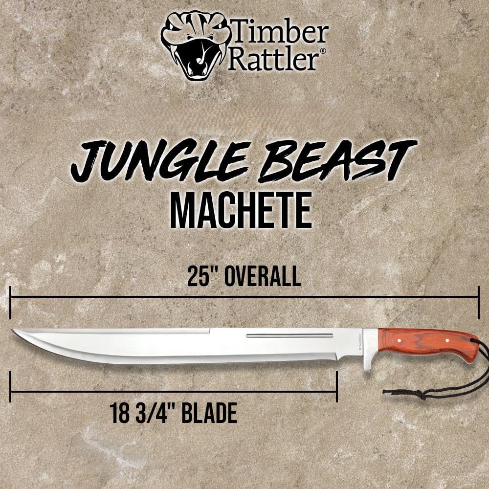 Timber Rattler Jungle Beast Machete | 18 3/4" Stainless Steel Blade | Secure Wooden Handle |