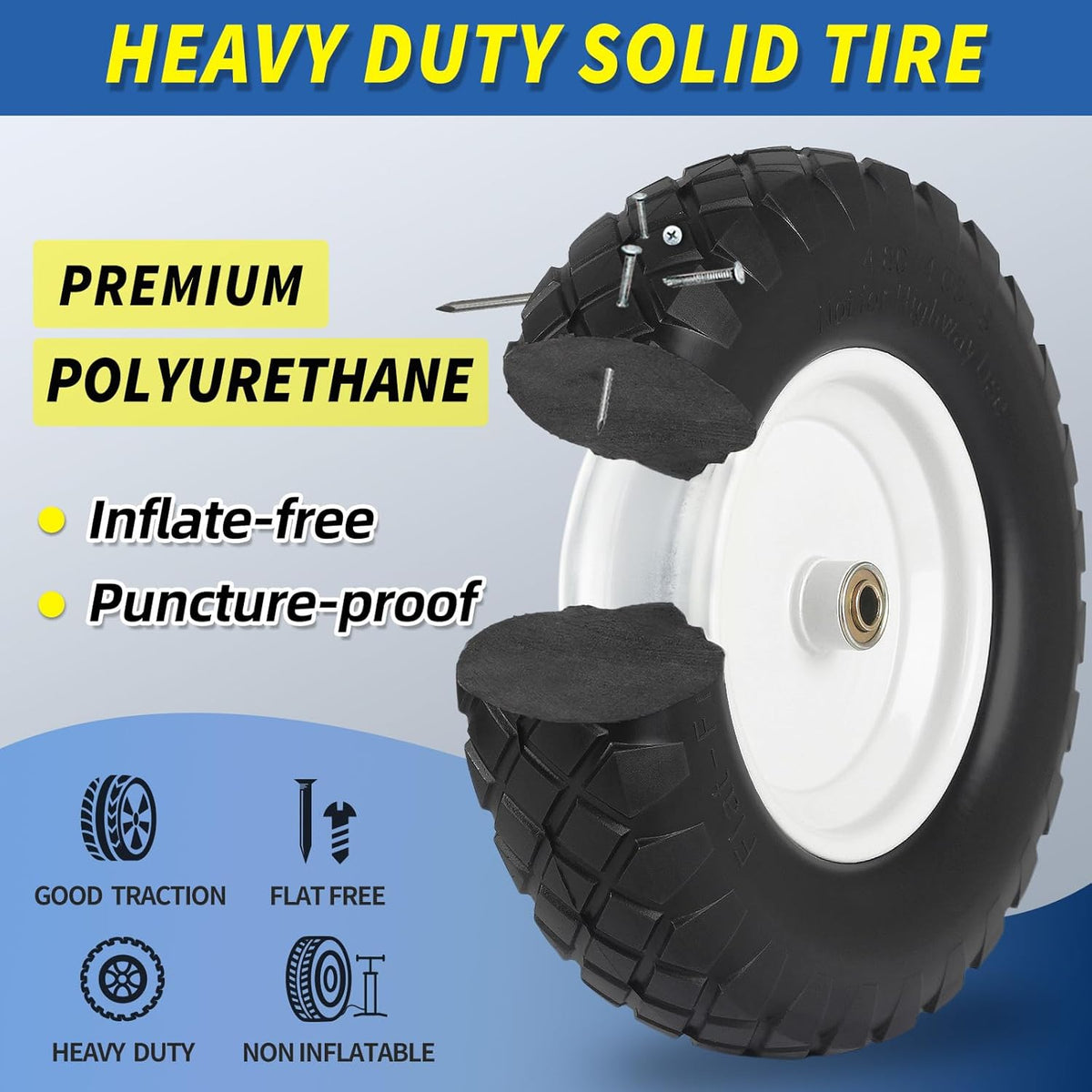 4.80/4.00-8" Wheelbarrow Tire, 16" Flat-Free Solid Tire and Wheel, 3-6" Centered Hub, 5/8" & 3/4"