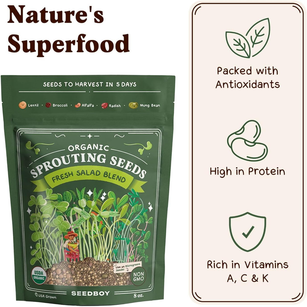 Seedboy Organic Non-GMO Sprouting Seeds, Fresh Salad Blend – USA Grown Microgreens Mix with