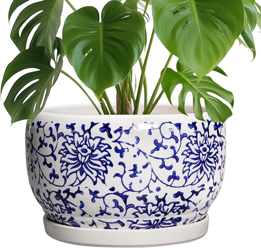 SQOWL Ceramic Pots for Plants - 10 Inch Ceramic Flower Pots with Drainage Hole and Saucer, Round
