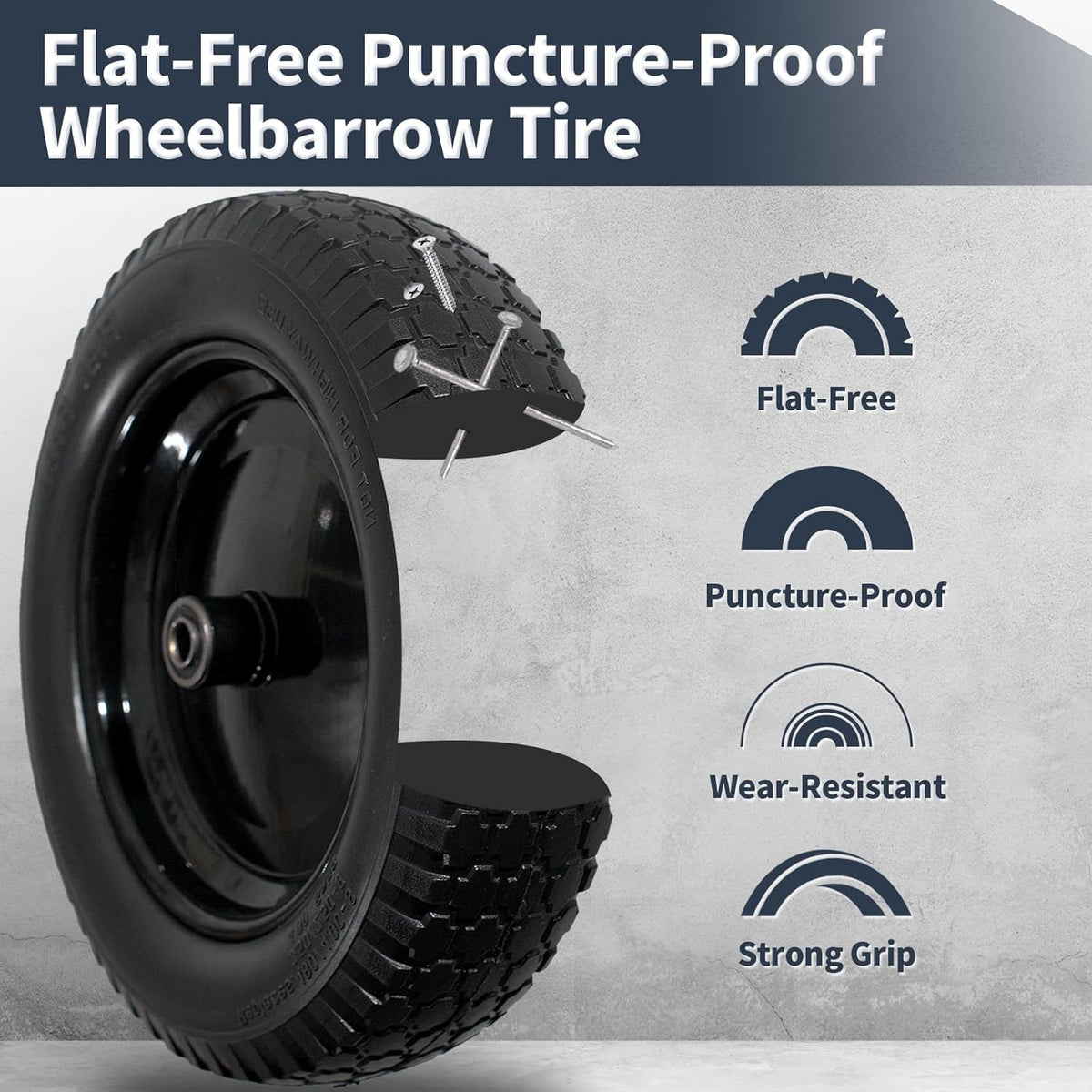 Wheelbarrow Tire 4.80/4.00-8 Flat Free Solid Tire Wheel 14.5 Inch, Replacement Heavy Duty Wheel