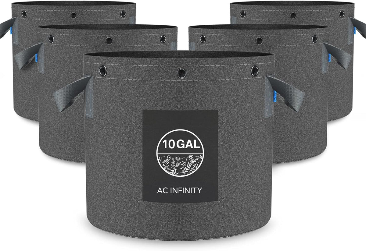 AC Infinity Heavy Duty Fabric Pots, 10 Gallon Aeration Reusable Grow Bags 5-Pack with 500G Thick