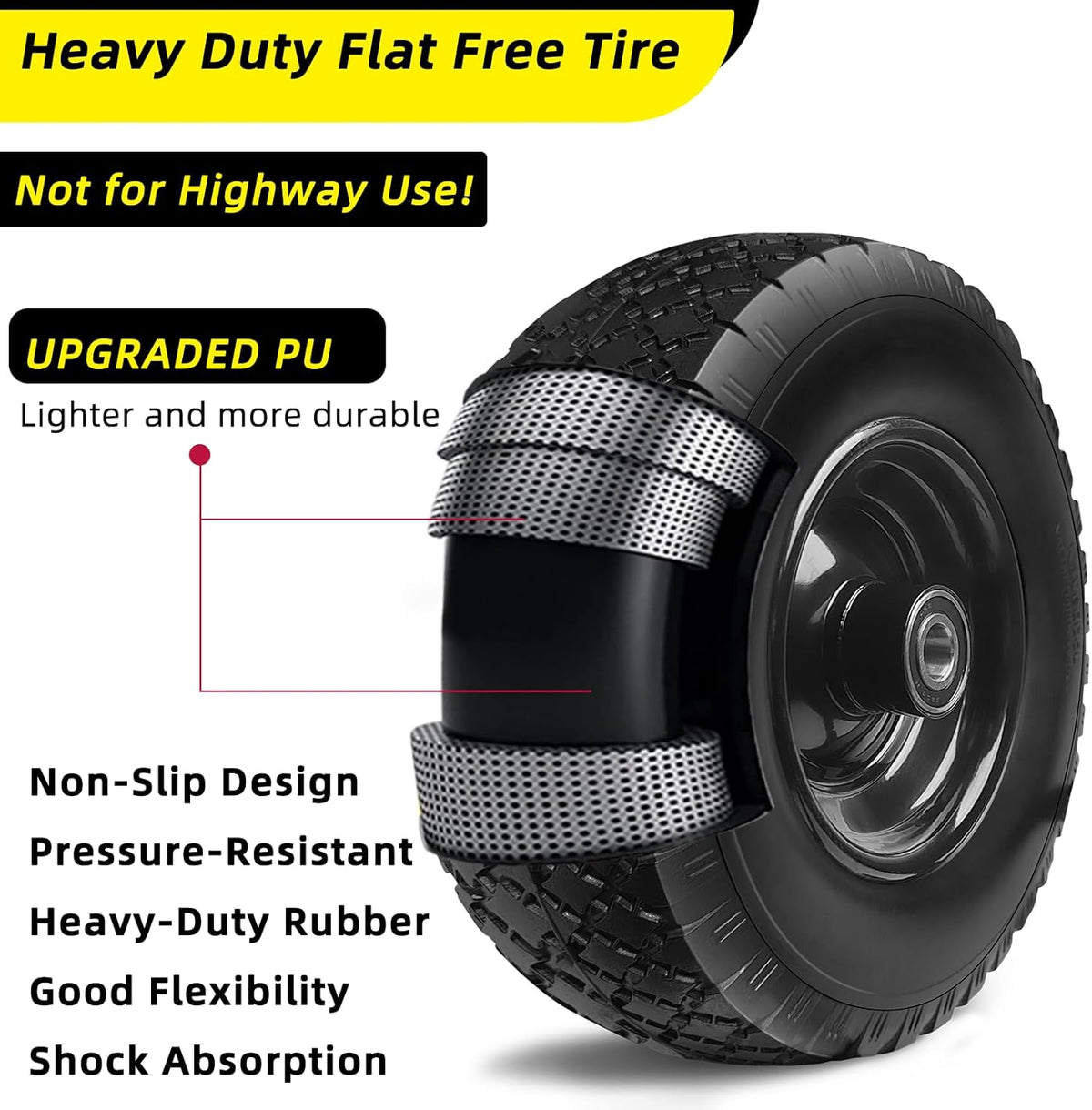12'' Flat Free Tires Rubber Replacement Solid Tire, 2.1" Offset Hub Wheel Assemblies for Garden