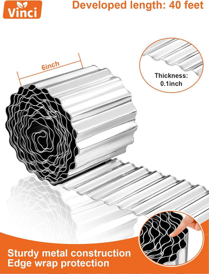 Vinci Garden Landscape Edging Border, 6 Inch x 40 FT Corrugated Sturdy Metal Easy Installation Safe