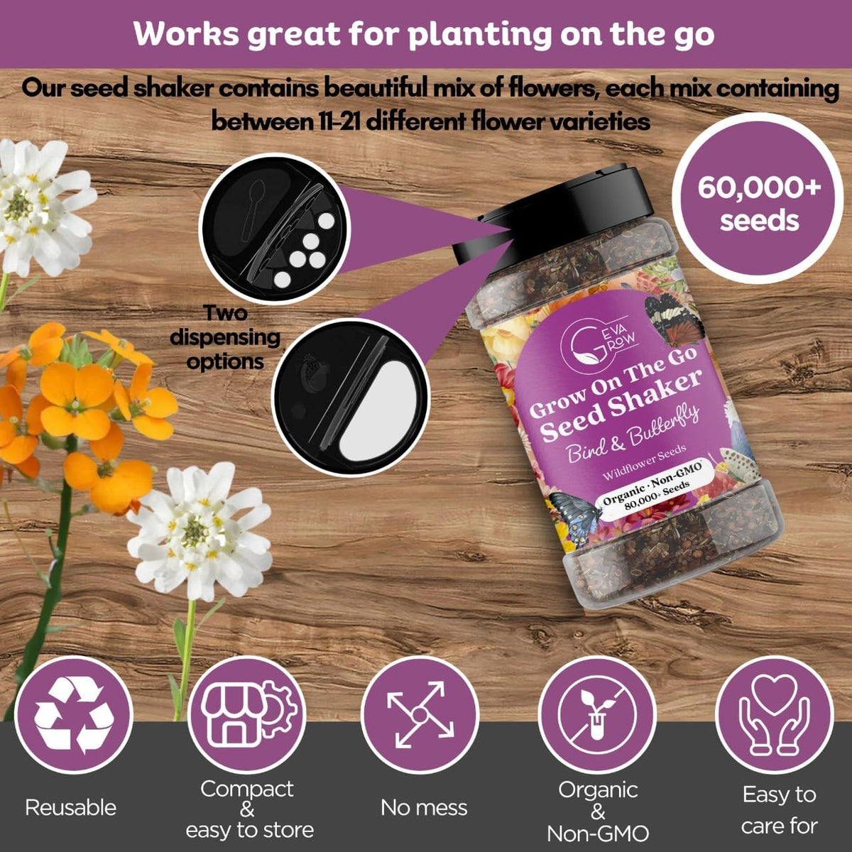 Mini Wildflower Seed Shaker - Bird & Butterfly Garden Seed Mix | 60,000+ Annual & Perennial Flower