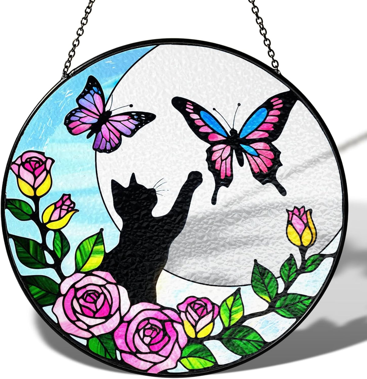 7.8" Cat Stained Glass Butterfly on Moon, Suncatcher Window Hanging, Suncatcher Garden Decor