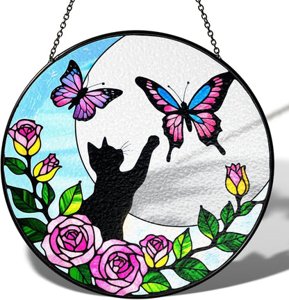 7.8" Cat Stained Glass Butterfly on Moon, Suncatcher Window Hanging, Suncatcher Garden Decor
