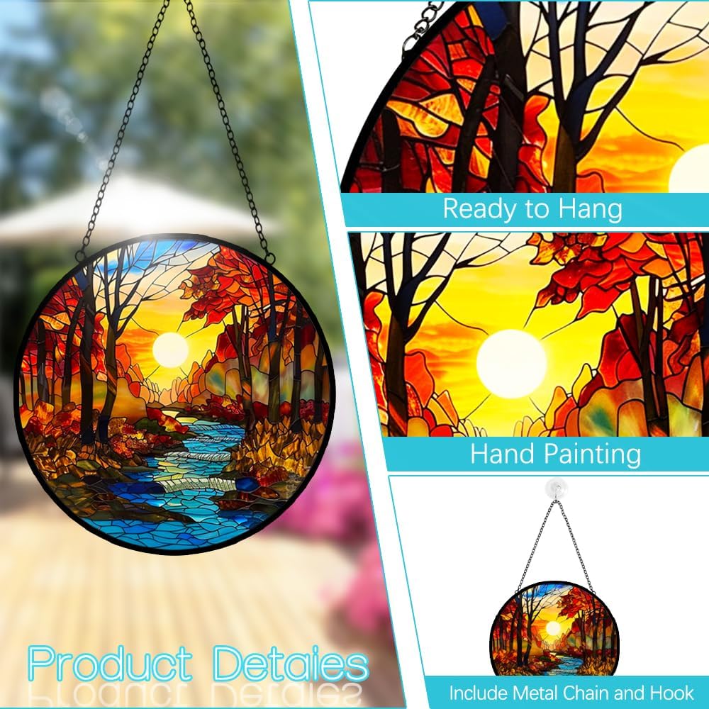Fall Decor Sunrise Tree and River Landscape Stained Glass Suncatcher for Window Hanging - Mountains