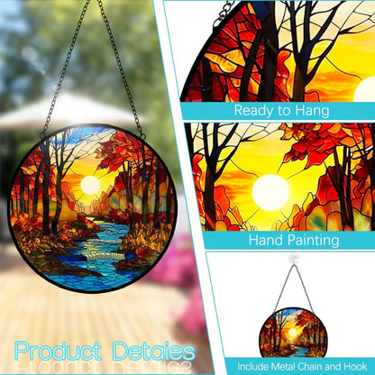Fall Decor Sunrise Tree and River Landscape Stained Glass Suncatcher for Window Hanging - Mountains