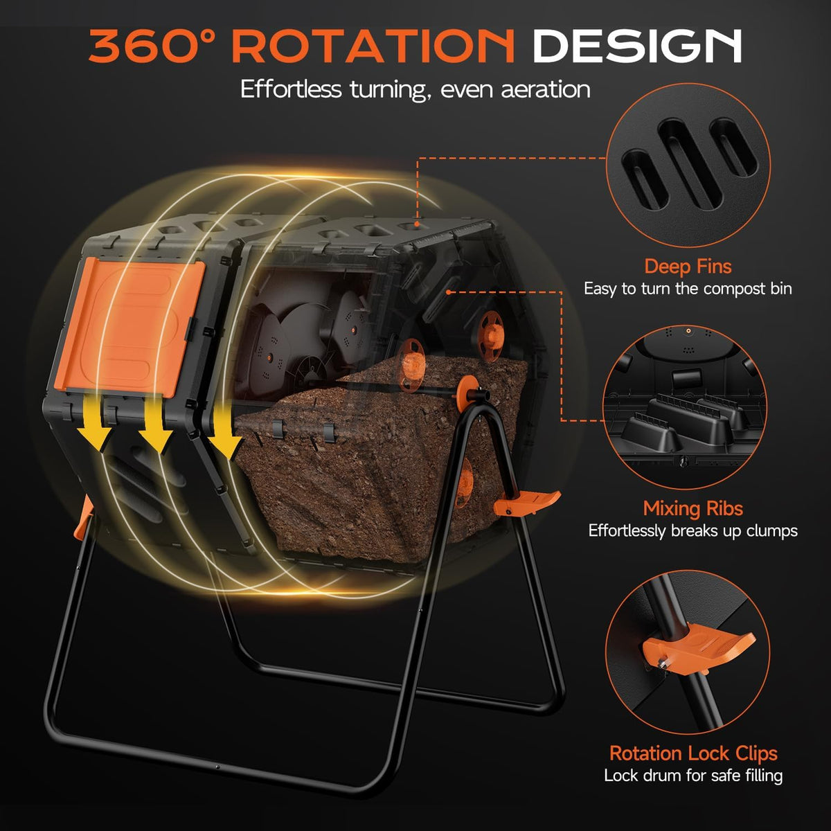 Compost Bin Outdoor 45 Gallon/170L, Fast Assemble Compost Tumbler, 360°Rotating Dual Chamber Large