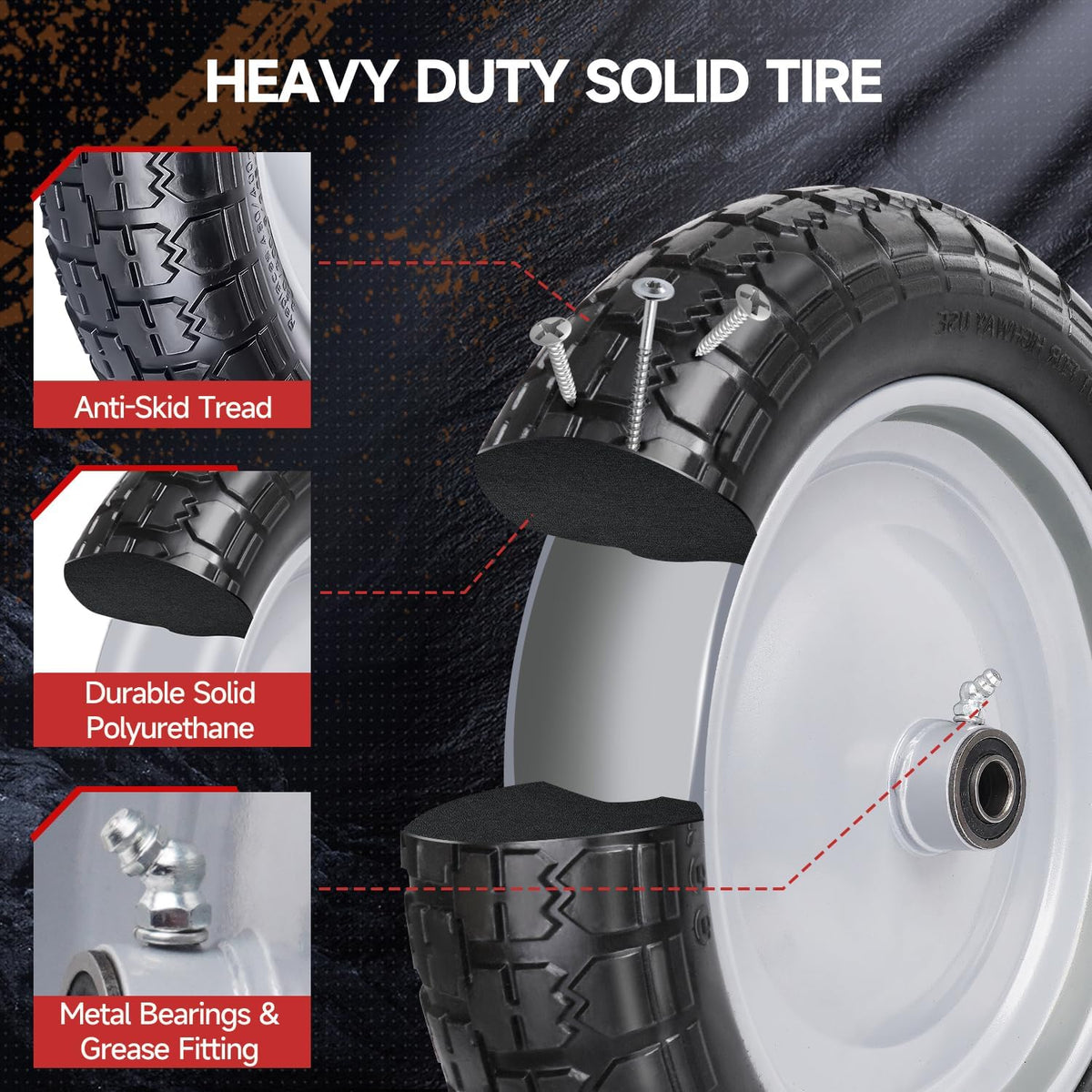 4.80/4.00-8 Tire and Wheel, 14.5" Flat Free Wheelbarrow Tire, 5/8" 3/4" Bearings Universal Solid