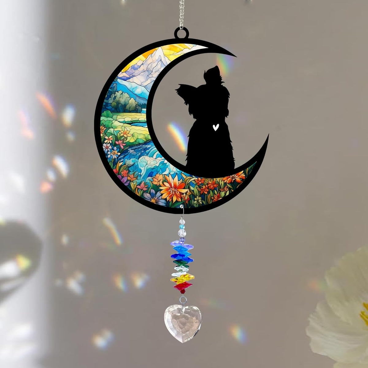 Yorkshire Terrier Suncatcher, Personalized Pet Loss Gift with Name & Date, Heart-Shaped Crystal Sun