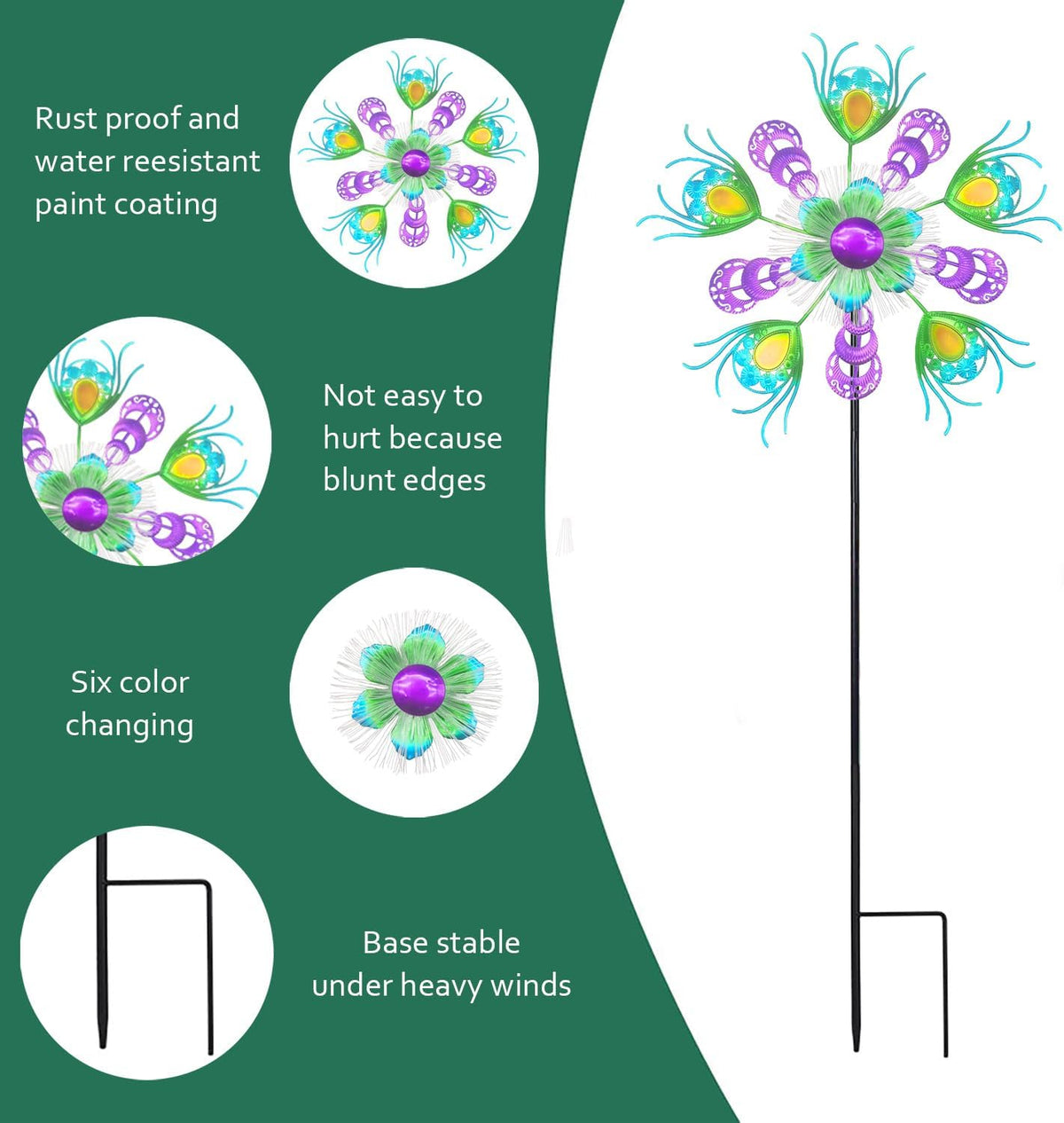 Solar Peacock Wind Spinners for Yard & Garden - 40 Inch Metal Wind Sculpture, Kinetic Windmill with