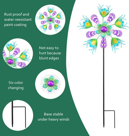 Solar Peacock Wind Spinners for Yard & Garden - 40 Inch Metal Wind Sculpture, Kinetic Windmill with