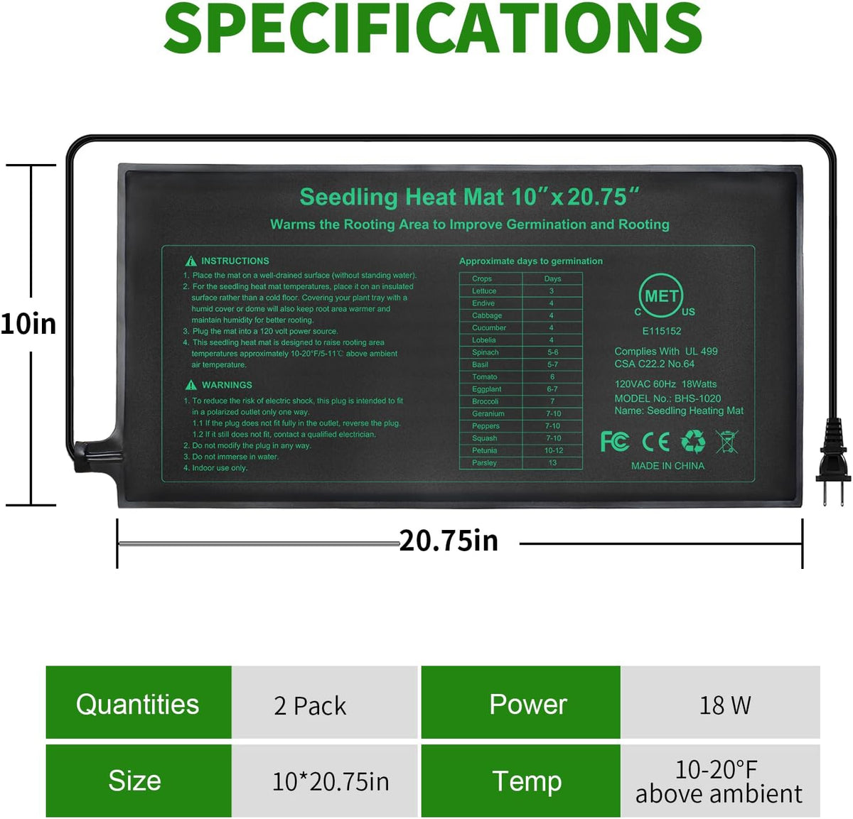 Seedling Heat Mat, 10"x 20.75" Plant Heating Pad for Home Gardening Seed Starting, MET Certified