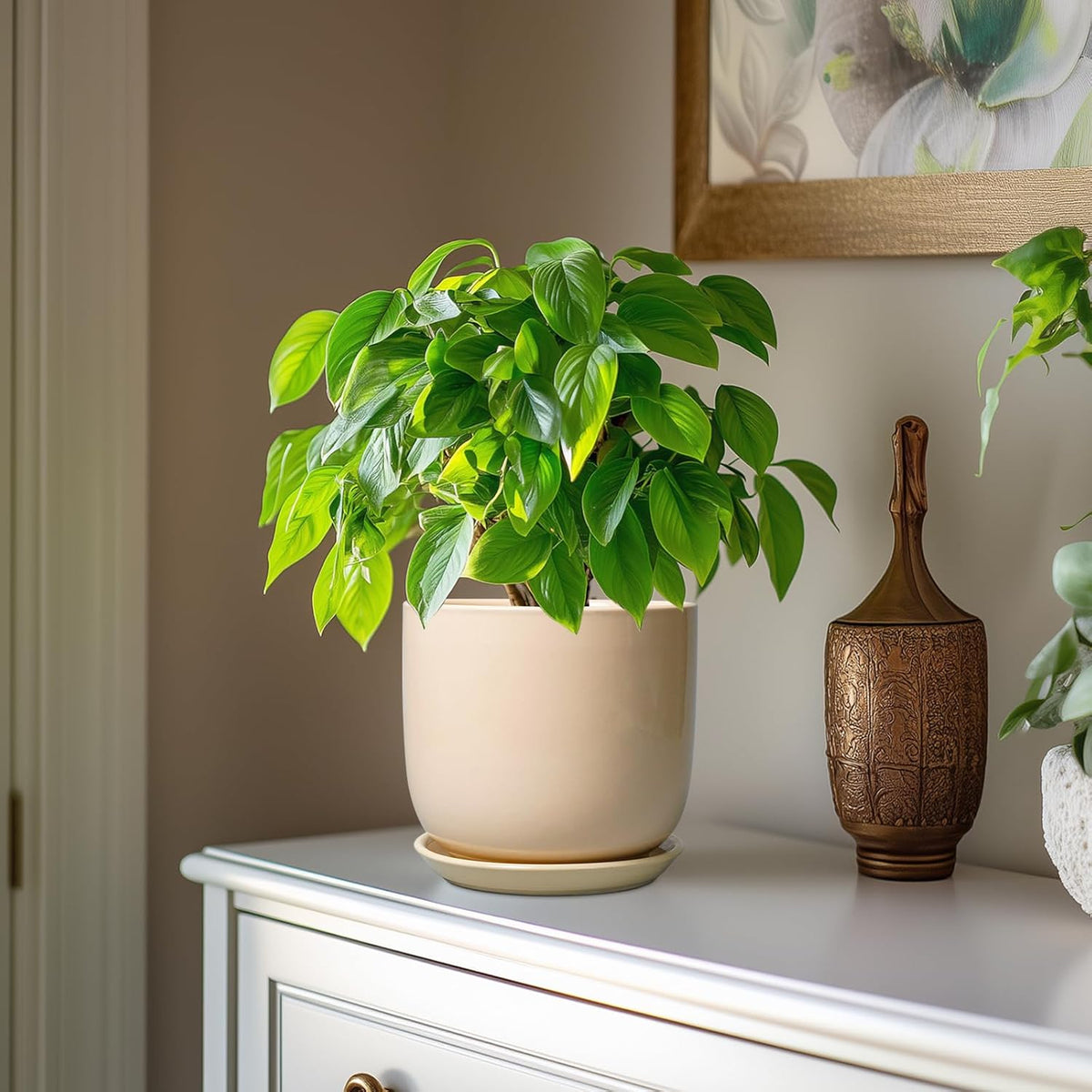 Ceramic Plant Pot - 7 Inch Mid Century Round Ceramic Planter for Indoor Plants with Drainage Hole