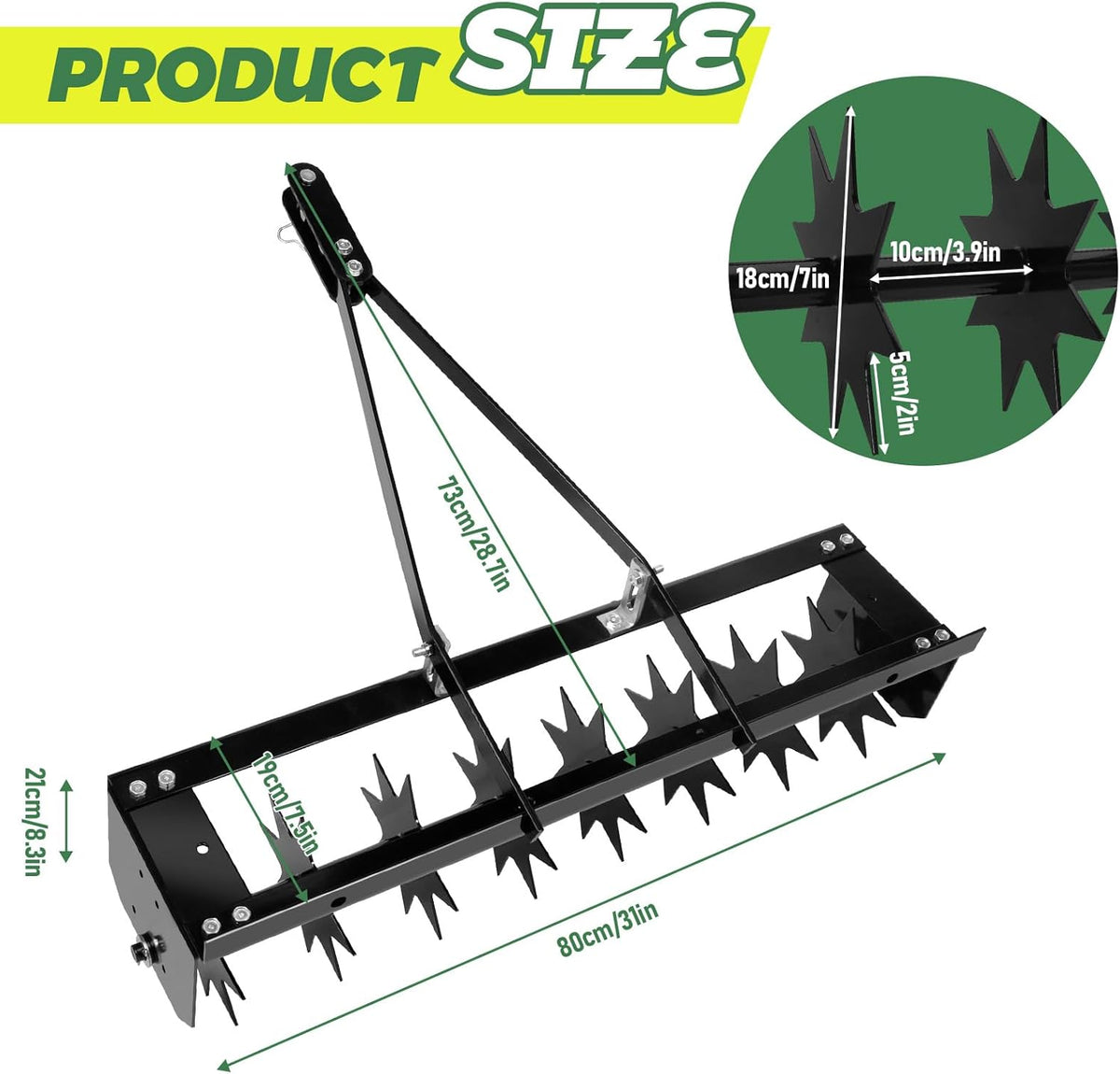 32" Tow Behind Lawn Aerator with Galvanized Steel Tines and Wide Tow Bar Black Lawn Aerator, Soil