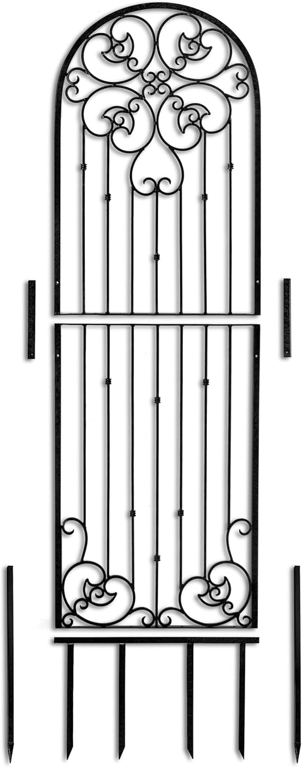 H Potter Black 8 Foot Tall Garden Trellis Wrought Iron Heavy Scroll Metal Decoration Lawn Patio and