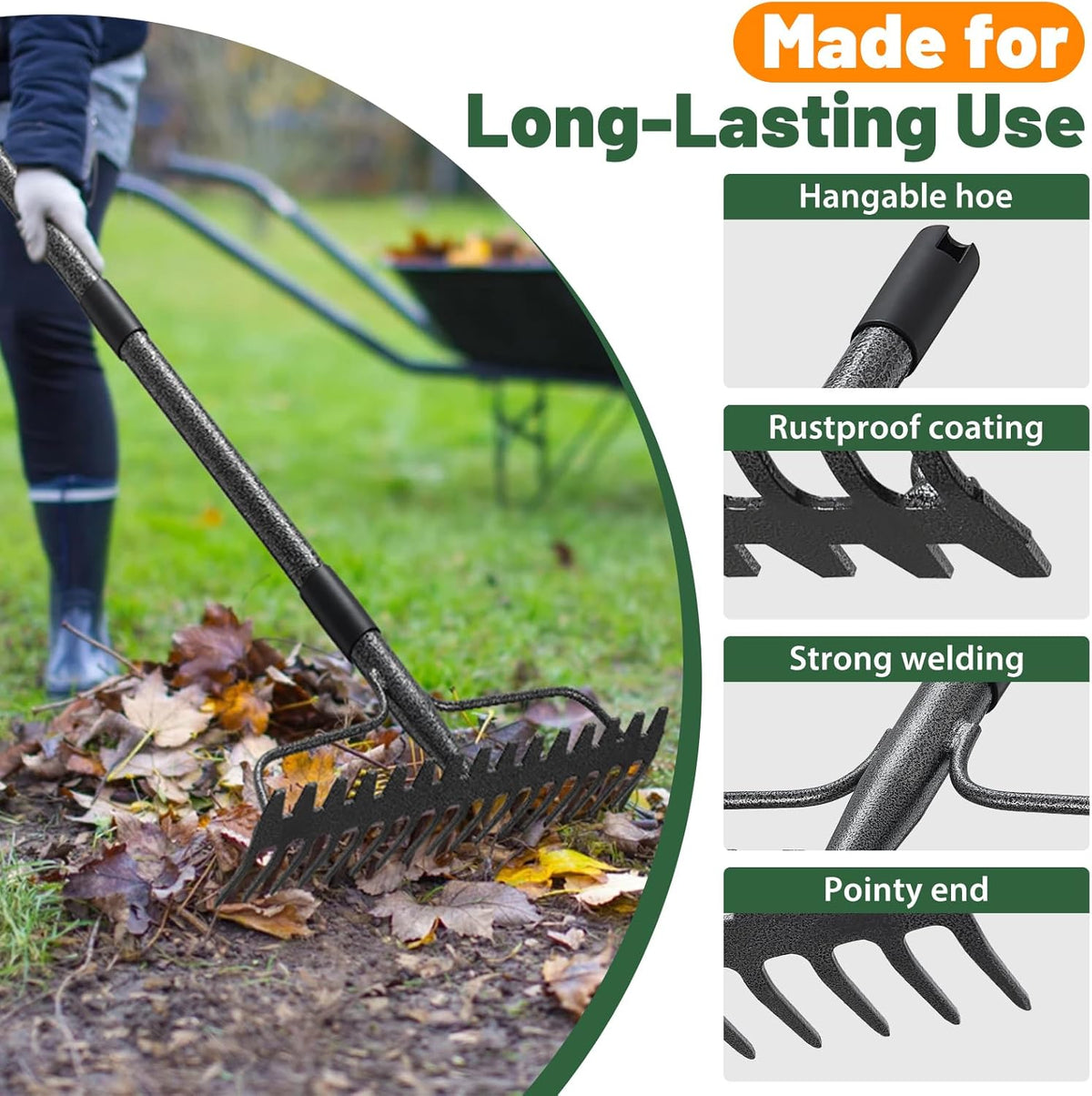 Garden Rake, 63 Inch Long Handle with 17 Tongs, Heavy Duty Metal Bow Rake for Loosening Leveling