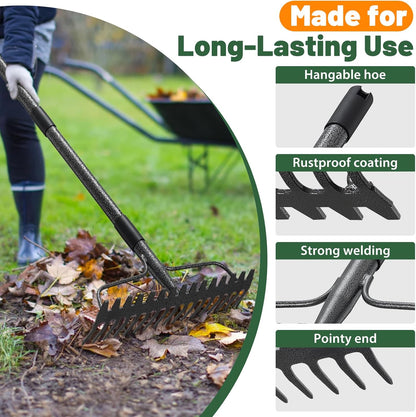 Garden Rake, 63 Inch Long Handle with 17 Tongs, Heavy Duty Metal Bow Rake for Loosening Leveling