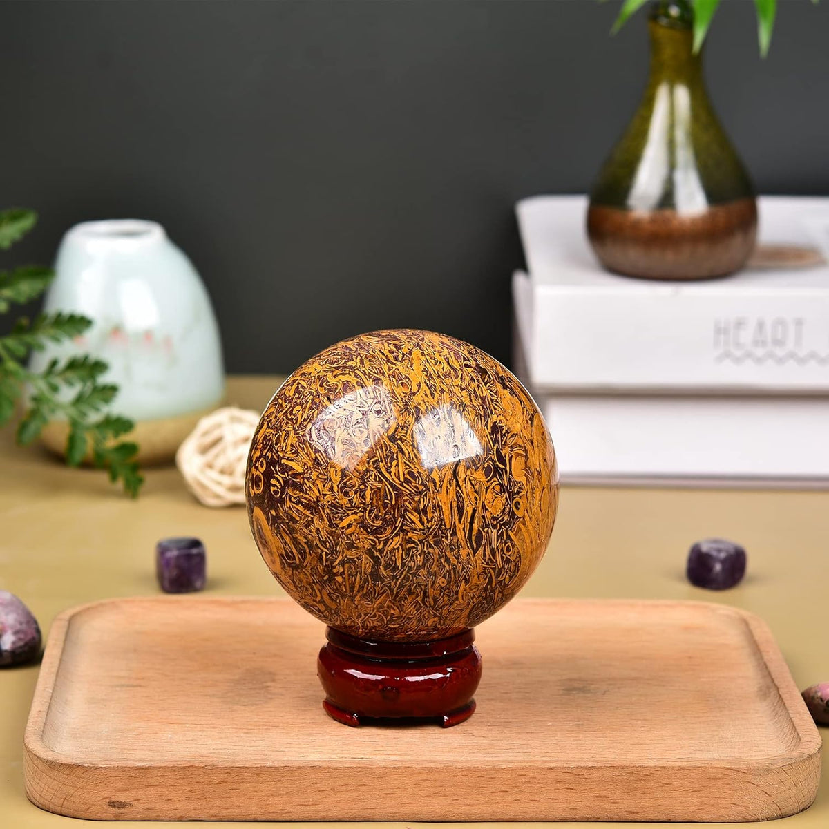 JIC Gem Real Natural Large Crystal Sphere Ball with Wooden Stand for Fengshui Golden Jade Healing