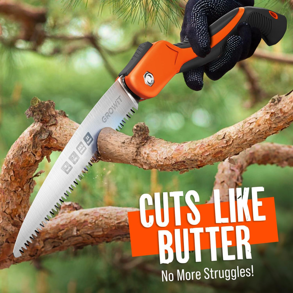 9-Inch Folding Camping Saw - Heavy Duty Pruning Saw with Triple-Cut SK5 Blade, 7 TPI Razor Teeth