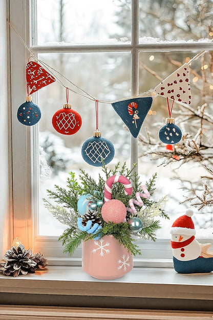 Christmas Centerpieces for Tables, Small Christmas Table Arrangements with Ceramic Vase Pink & Blue