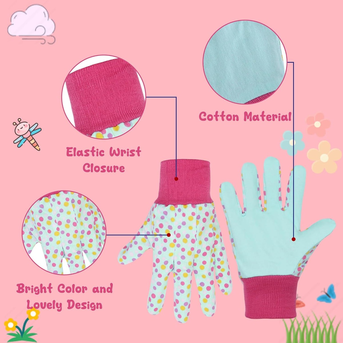 HANDLANDY 4 Pairs Kids Gardening Gloves, Girls Boys Children Garden Work Play Gloves (Pink Dot