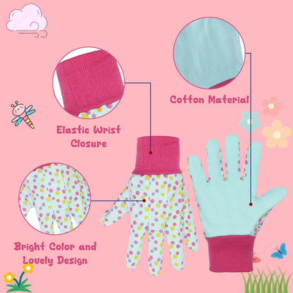 HANDLANDY 4 Pairs Kids Gardening Gloves, Girls Boys Children Garden Work Play Gloves (Pink Dot