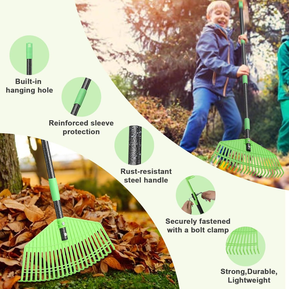 Plastic Leaf Rake with Adjustable 65'' Handle - Lightweight Outdoor Yard Rakes for Leaves,Grass &