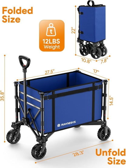 Collapsible Wagon Cart with Wheels 220lbs Foldable Wagon 120L Shopping Cart for Groceries Folding