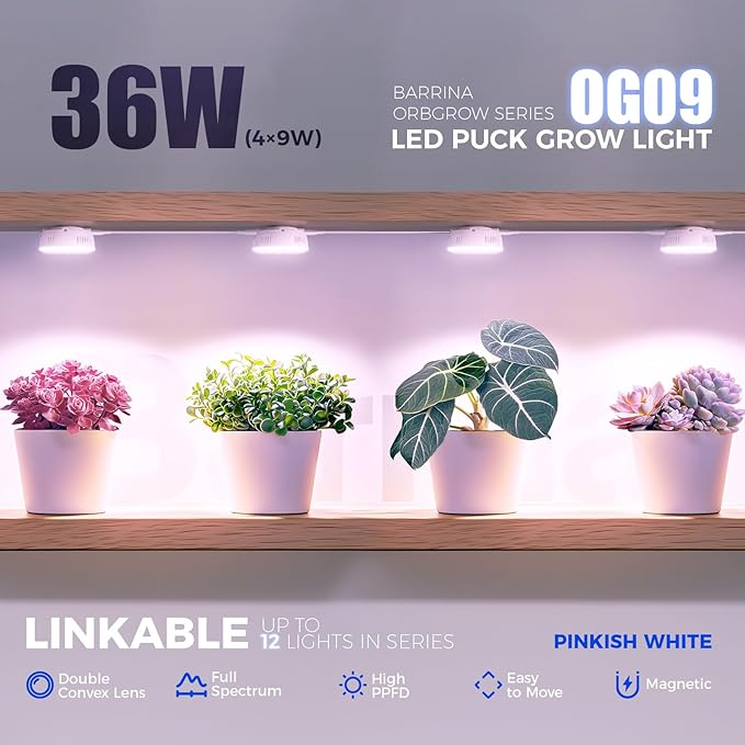 Barrina Orbgrow OG09 Puck Grow Light with Timer, Pinkish White 36W(4 x 9W, 540 Watt Equiv), Full